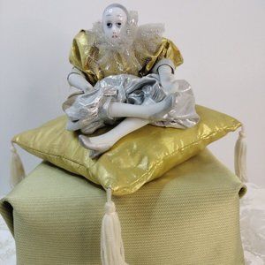 Vtg. Seymour Mann Porcelain Clown/Pierrot Doll In Pillow Gold & Silver 5"1/2x5"